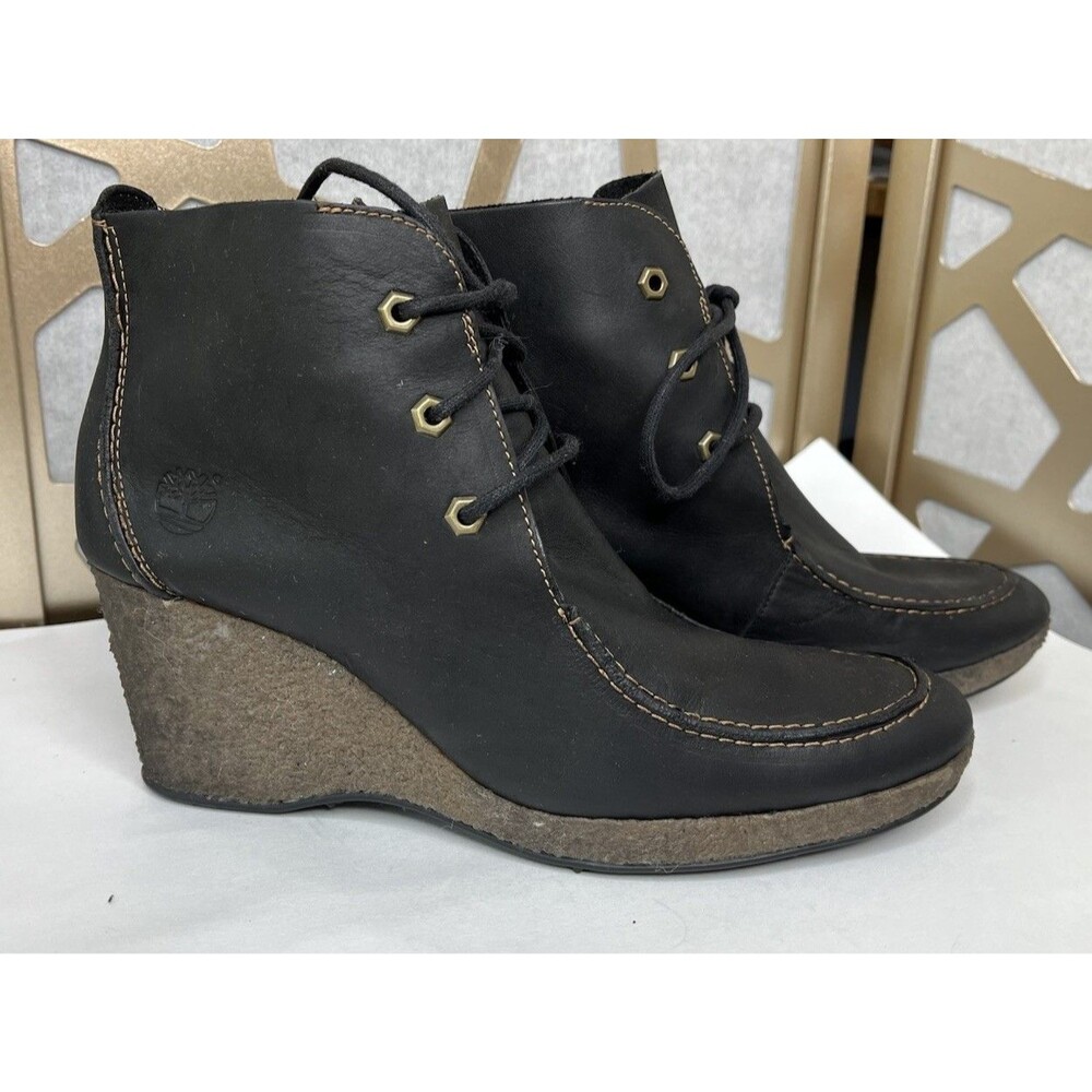 Timberland Women Ankle Boots Black Nubuck Leather Wedge Heels Bootie Sz 11